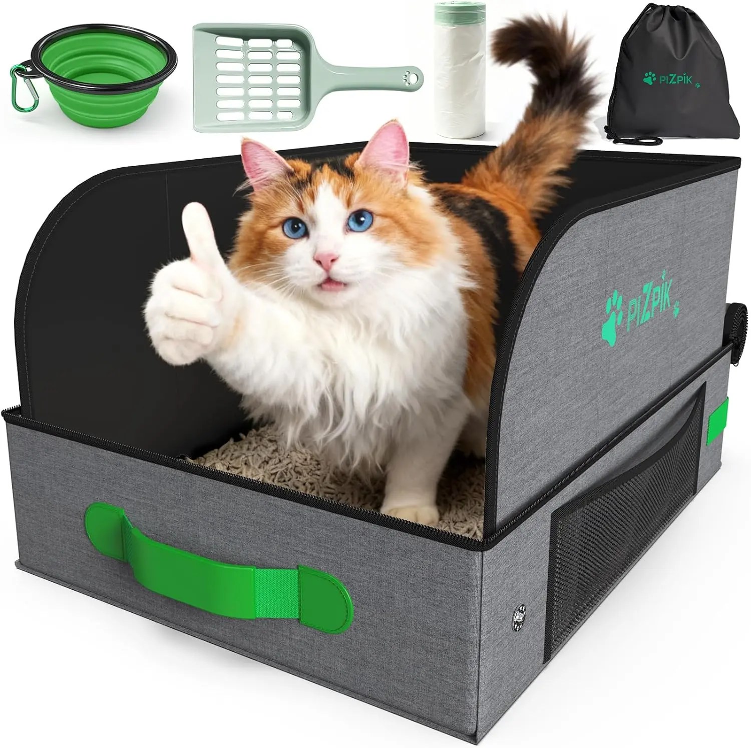 Plzpik Foldable Portable Travel Cat Litter Box - Collapsible, Leak-Proof, Water-Resistant, Hard Bottom, Easy Carry, 20”l×16”w×11”h, Includes 10 Bags & Bowl, Anxiety-Reducing, Compact Storage Bin for Trips, Weekend Getaways