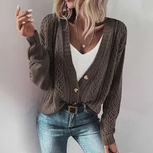 Dark Khaki Open Knit Drop Shoulder Sweater Cardigan