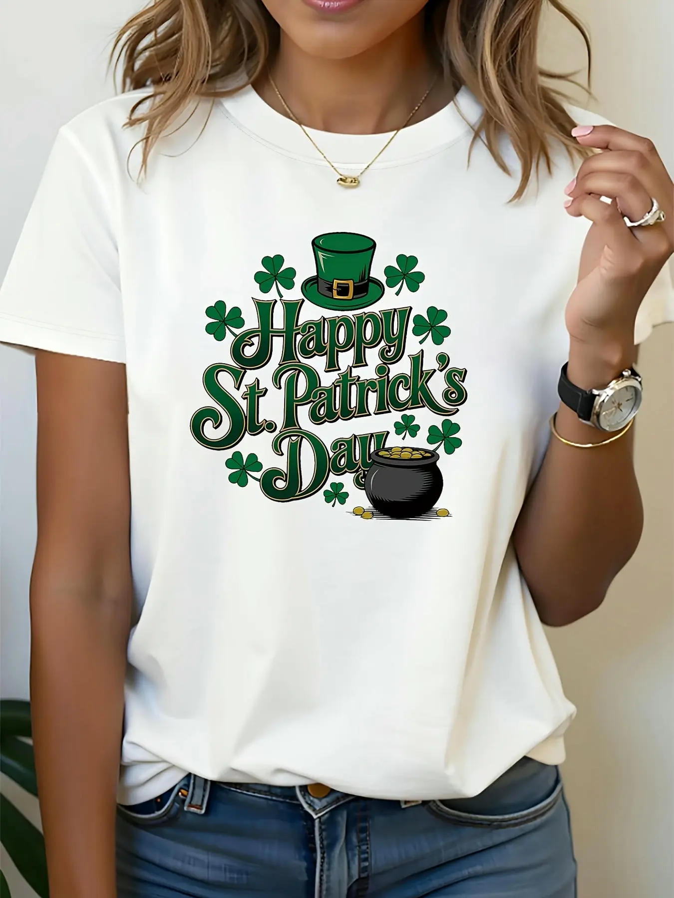 Women's 100% Cotton St Patrick's Day Graphic Crew Neck Short Sleeve T-Shirt - Clover, Leprechaun Hat, Gold Pot Prints, Soft, Breathable, Loose Fit Holiday Casual Tee