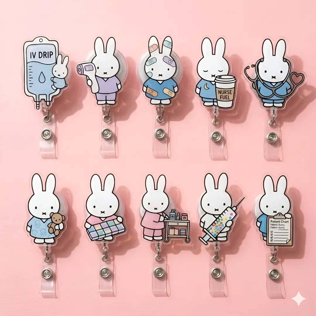 Aesthetic Pastel Medical Bunny Acrylic Badge Reel Cute Coquette Rabbit Durable Retractable ID Name Tag Clip For Pediatric Nurse Clinical Gear