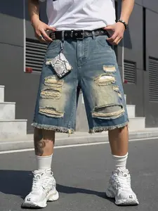 Men's Vintage Washed Multi-Layer Ripped Denim Shorts, Summer Frayed Loose Fit Five-Quarter Pants, Streetwear Fashion Y2K Post-Apocalyptic Style