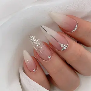 Luxury Diamond Press on Nails Almond Shaped Fake Nails with Rhinestone Design Reusable Xh-89-64 Faux Nail Removable Nail Art Kit Trendy 3D Coffin Press-On Solid