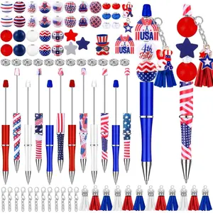 12 Set Independence Day Beadable Pens Plastic Bead Pens Patriotic Bulk Ballpoint DIY Crafting Pens Making Kit with Pendants Lobster Clasps for Students Teens School Office Supplies