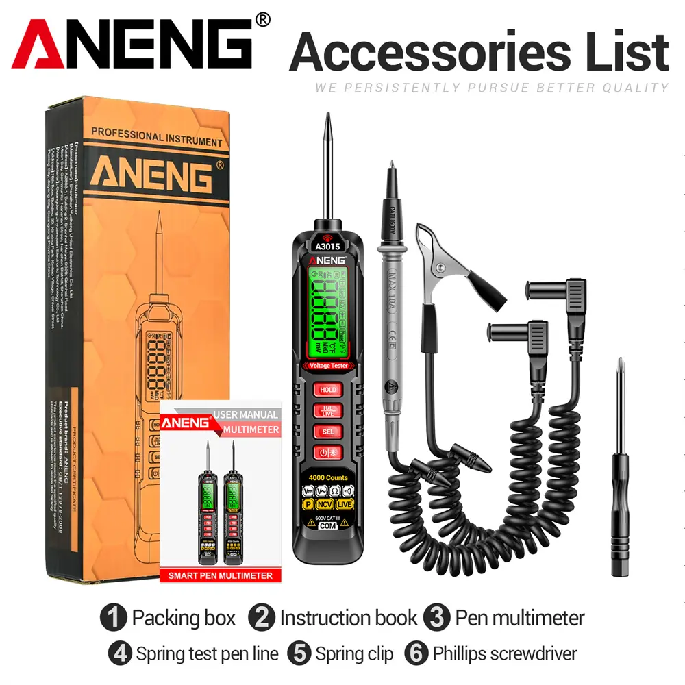ANENG A3015 Compact Pen-Type Digital Multimeter with Clip Handle Pen Probes Set - NCV Detection, AC/DC Voltage, Resistance, Continuity, Passive Capacitance, Phase Sequence Tests, Built-In Torch, Auto Shut-Off for Adults, Home Repairs