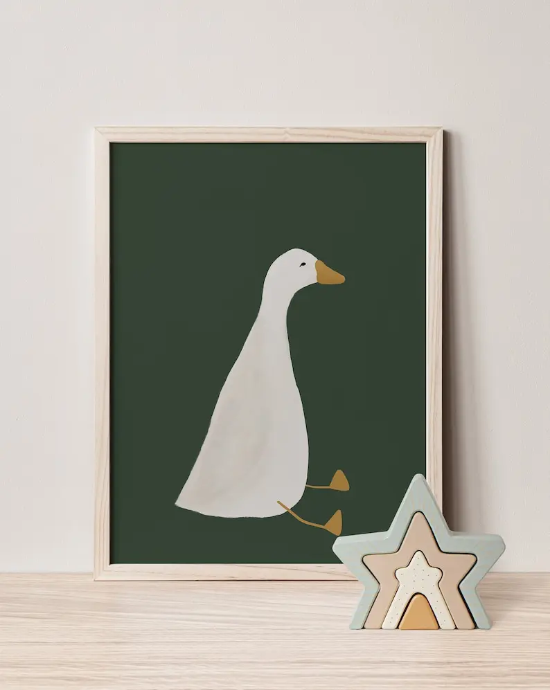 Silly Goose Wall Art, Cute Goose Poster, Dark Green Boy Nursery Decor, Farm Animal Printable, Kid's Room Illustration, Goose Children's Room