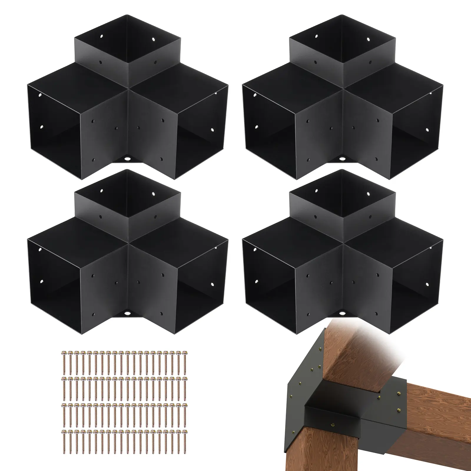 【summerfinds】VEVOR Pergola Bracket Kit 6''x6''(Inner Size 5.6x5.6), 4pcs 3-Way Heavy Duty Corner Bracket Woodworks DIY Post Base Kit, Easy Installation Wooden Beams for Gazebos, Patio Pergolas, Log Cabin Outdoor, Black, Hardware, Screws