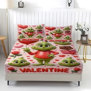 3-Piece Valentine's Day Grinch Pattern Bed Sheet, Comfortable Printed Pattern, Includes 1 Bed Sheet And 2 Pillowcases, Comfortable Bedding, Non Slip Suitable For Bedroom, Suitable For Valentine's Day Gift To Lover