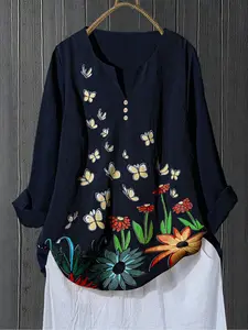 Elegant Casual Floral & Butterfly Print Long Sleeve V-Neck Shirt Blouse for Women, Loose-Fitting Spring & Fall Fashion Top