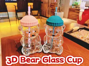 Aesthetic Ribbed Reusable 3D Bear Glass Tumbler with Silicone Beanie Cover, Paw Straw – Home & Festive Party Supplies Gift