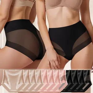 QUASTI 12-Pack Mid-Rise Sexy Mesh Spliced Women's Panties, Breathable Soft Ice Silk, Seamless & Lightweight, Hip Lifting Elastic Briefs, Elegant & Comfortable for Everyday Wear, Sizes S-XXL