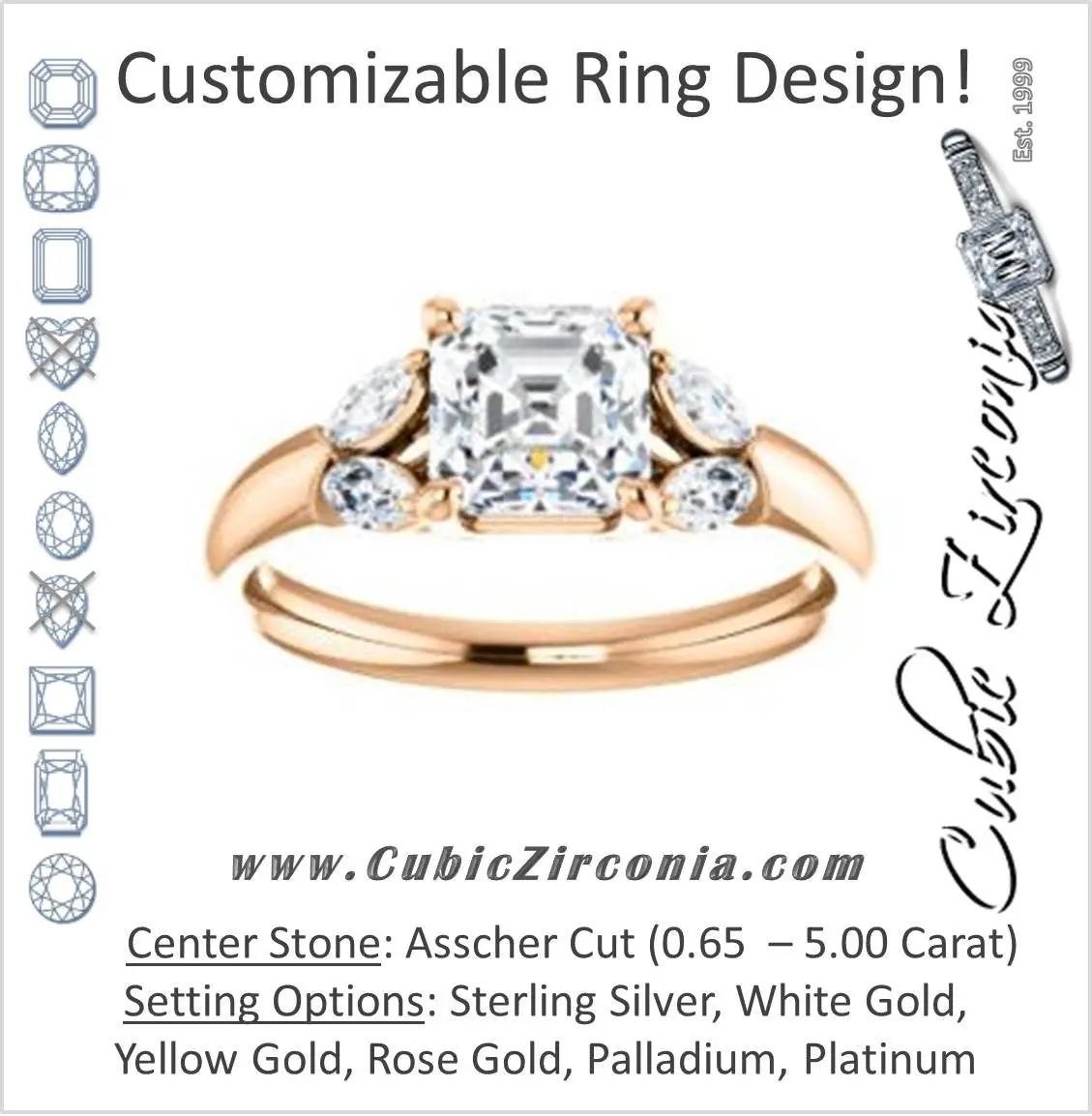 Cubic Zirconia Engagement Ring- The Leeanne (Customizable 5-stone Design with Asscher Cut Center and Marquise Accents)