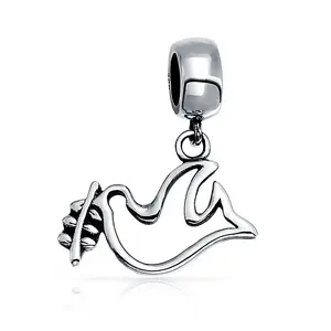 .925 Sterling Silver World Peace Olive Branch Open Dove Love Bird Dangle Charm Bead for Bracelet