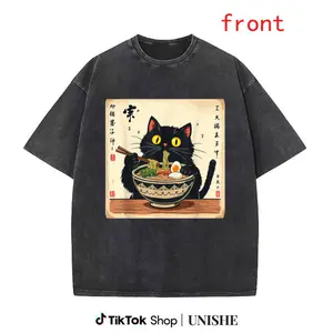 Cute Black Cat Eating Ramen Noodles on Washed Cotton T-Shirt – Perfect Japanese Lover Tee