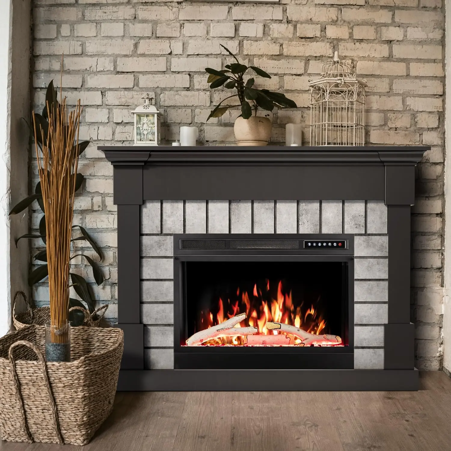 R.W.FLAME 50” Black Freestanding Electric Fireplace Mantel with Wooden Surround, TV Stand, Firebox, Remote Control, Adjustable LED Flame, Adjustable Heating Temperature, 750W/1500W Heater