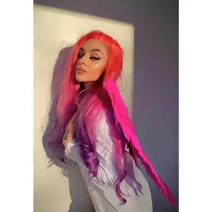 Venus - Coral-orange Pink Purple Ombre With Silver Tinsel Synthetic Lace Front Wig