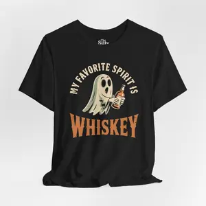 Women's whiskey lover with a spooky ghost motif Graphic T-Shirt - Short Sleeve Crew Neck Regular Fit Casual Wear | Soft & Breathable Fabric, Durable Print, Everyday Comfort, Machine Washable, retro, humorous, Halloween-themed a ghost holding a whiskey
