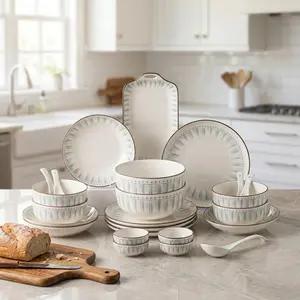 24/36/48-piece ceramic dinnerware set with simple blue line patterns, microwave-safe and dishwasher safe, suitable for restaurants, Easter parties and other venues
