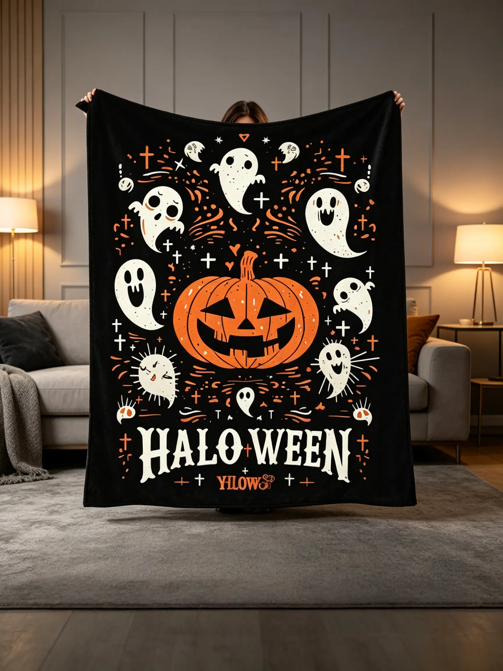 Cute Ghost Jack-o-Lantern Halloween Flannel Throw Blanket – Multi-Use Fall Home Decor, All-Season Napping Cover, Versatile for Sofa/Couch, Bed, Office, Camping & Travel, Perfect Holiday Gift for Girls, Boys, Women, Friends & Family