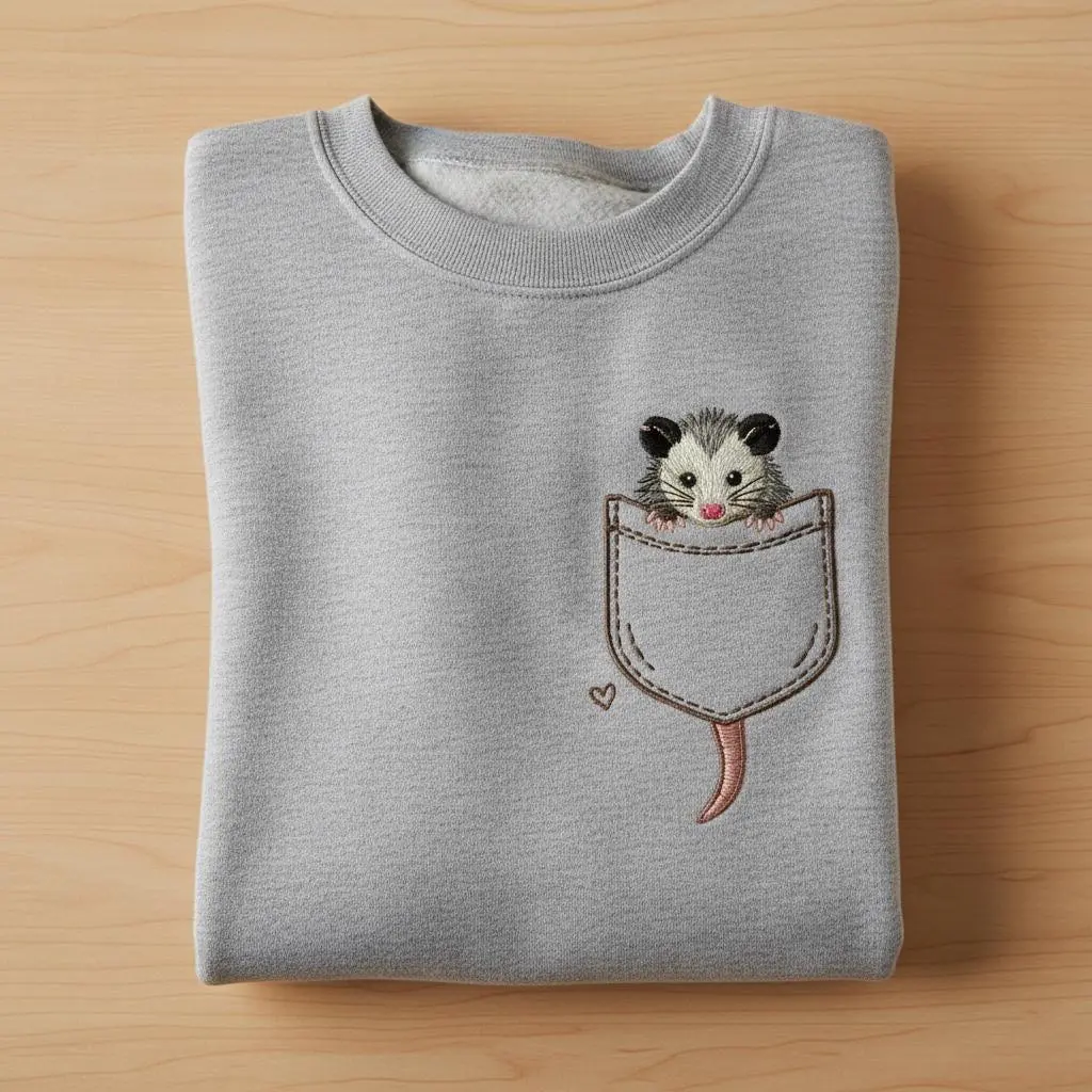 Opossum in Simulation Pocket Embroidered Sweatshirt, Cute Possum T-shirt, Funny Animal Lover Gift, Wildlife Embroidery Hoodie