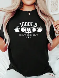1000 Lb Pound Club Gym Weightlifting Deadlift Bench Squat T-S Print T-Shirt Casual Crew Neck Short Sleeve Comfort Tee Top For Spring & Summer Women's Clothing