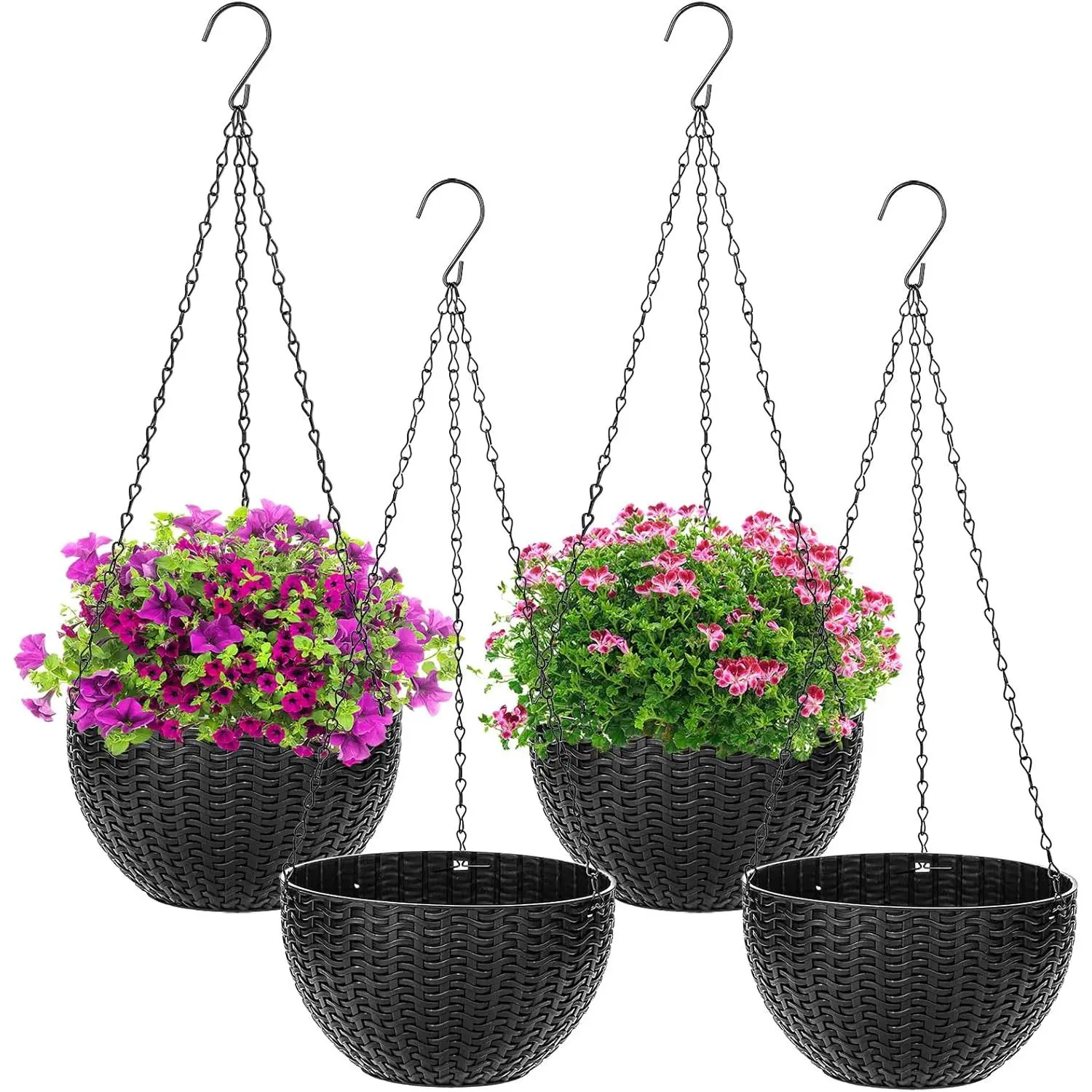 4 Pack Black  Planters, 8.2 inch  Flower Basket Planter Pots, Garden  Pot Container, Balcony Patio  Basket Planters with Drainage Hole for Indoor and Outdoor Use