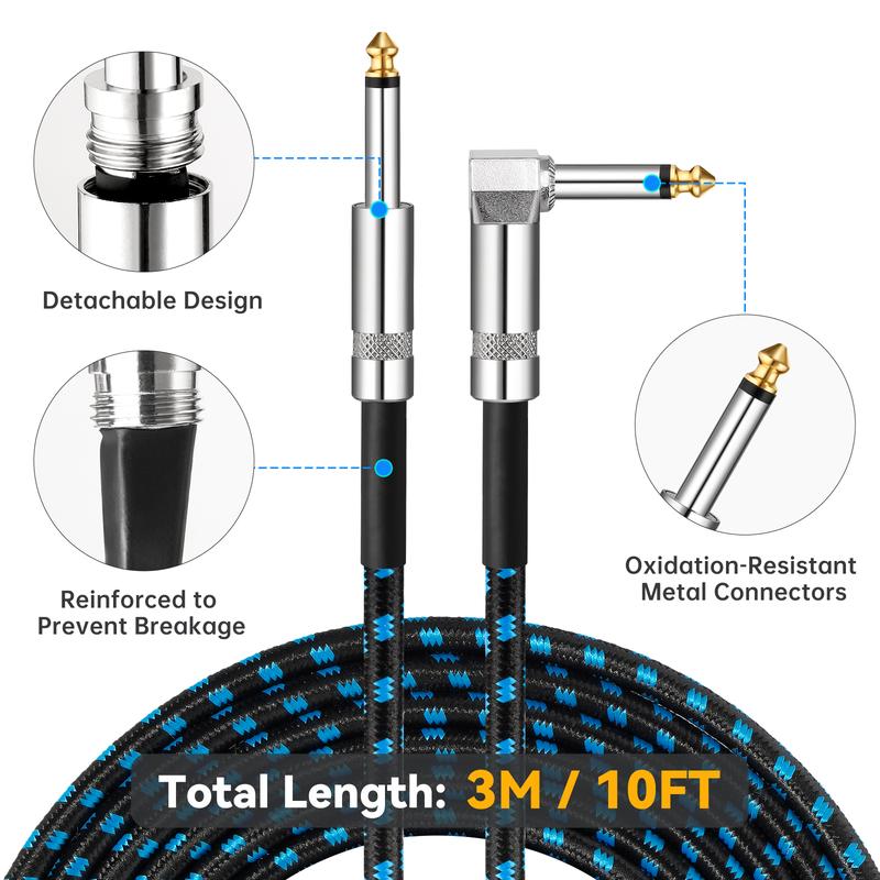 Tomorotec 3-Pack 10ft Braided Guitar Cables for Electric Guitar, Bass, Microphone, Speaker, Mixing Console, 1/4" Interface Instrument Cables with Durable Copper & PE Build and Tangle-Free Tweed Jacket
