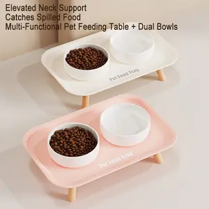 Ceramic Dog Bowl Cat Bowl Set, Anti-Tip Dual Bowls, High-End Pet Feeding Table, Leak-Proof Elevated Water & Food Bowl