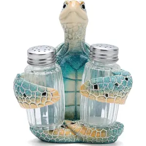 Decorative Blue Sea Turtle Salt and Pepper Shaker Holder, Coastal Kitchen Decor