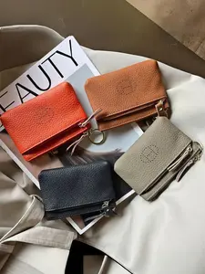 Top Layer Cowhide Minimalist Short Wallet, Multi-Card Slots Genuine Leather Card Holder, Portable Zipper Coin Purse, Minimalist Wallets