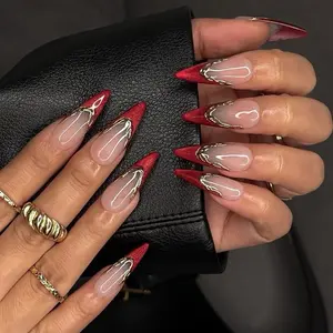 SHEDARES Red Gradient – Luxury Handmade Press-On Nails with Gold Gilt Detailing, Glassy Nude Base & Sculpted Metallic French Edges – Perfect for Date Nights & Special Events