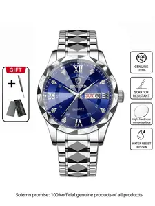 Binbond B2521 Men's Quartz Watch, Rhombus Cut Steel Band, Dual Calendar Waterproof Business Luxury Wristwatch, Multi-Color Series, Stylish Watch
