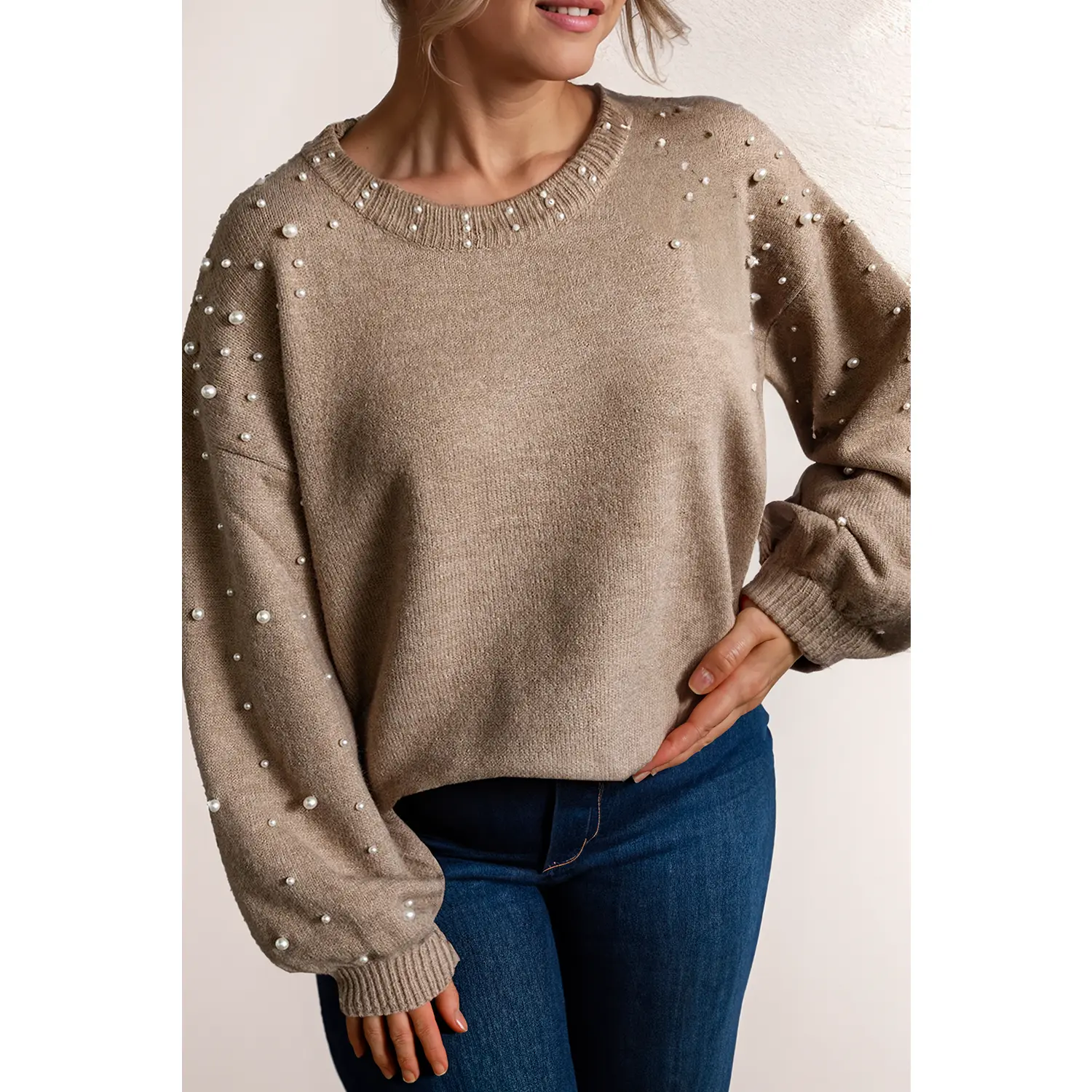 Plus Size Pearled Crew Neck Pullover Sweater