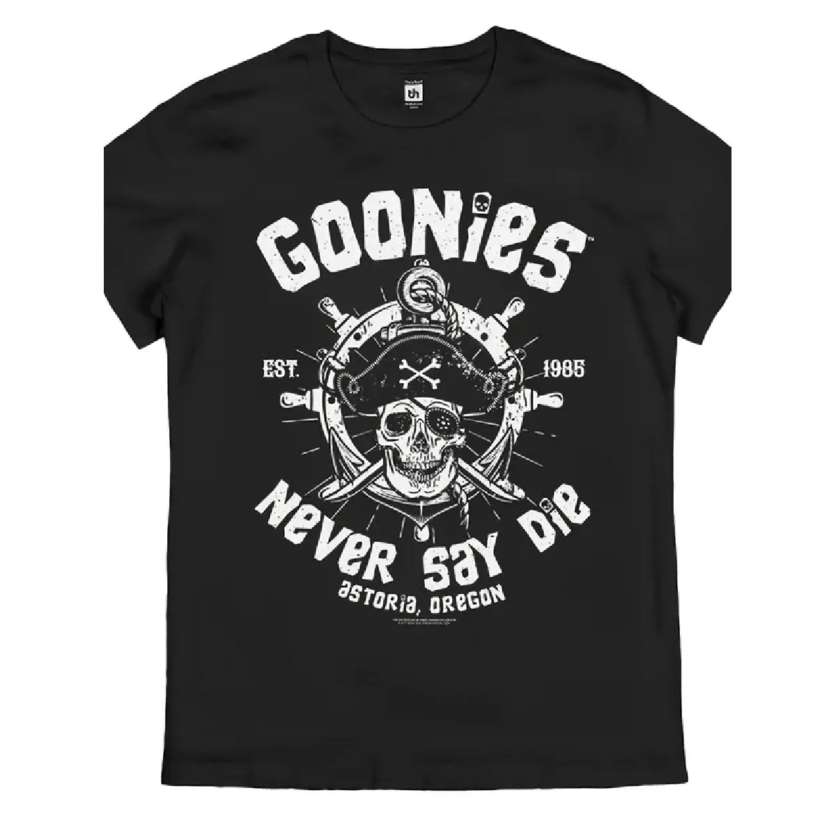 Men's Goonies Never Say Die Retro T-Shirt Officially Inspired 80s Movie Logo Iconic Skull Crossbones Pirate Design,Cute,Monaco
