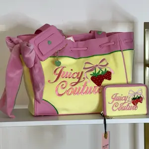 Juicy Couture Strawberry Retro Daydreamer Authentic Pink & Yellow Tote Bag with Bow Detail With Wallet