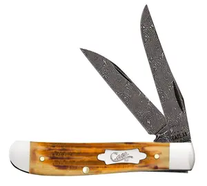 Case 52422 Second Cut Jigged Bone Handle Burnt Goldenrod Damascus Mini Trapper Folding Kitchen Knife, 2.7 oz, Nickel Metallic Accents, Precision-Machined In-Sized Blade