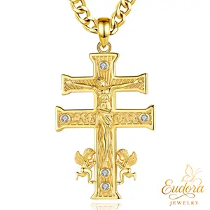 Eudora S925 Sliver Caravaca Cross Necklace, Spiritual Crucifix Pendant with Angels, 3‑Tone Finish Cruz de Caravaca Jewelry, Cuban Rope Chain Faith Eye Providence True Cross Gift