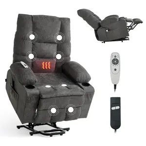【DealsForYouDays】Adjustable Electric Power Lift Recliner Chair for Elderly, Large Dark Gray Chenille Chair with Heat, Massage, Infinite Position Adjustment, Storage Side Pockets, Cup Holders, USB Port