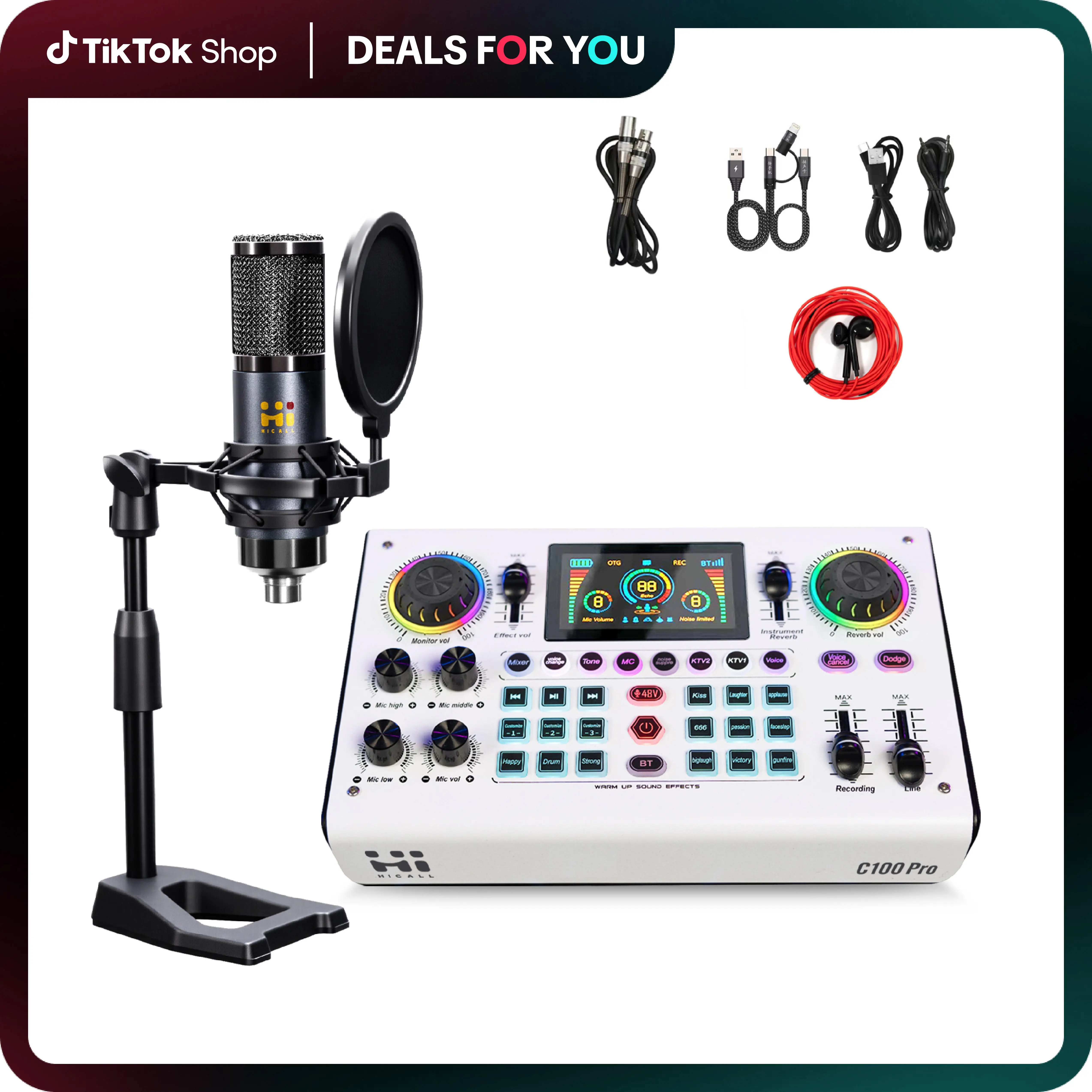 HiCall C100PRO-P15 Live Audio Mixer, 48V Digital Sound Card, Dual DSP Chips, High Sampling Rate, Custom Effects, Sing Along, Instrument Reverb, Digita