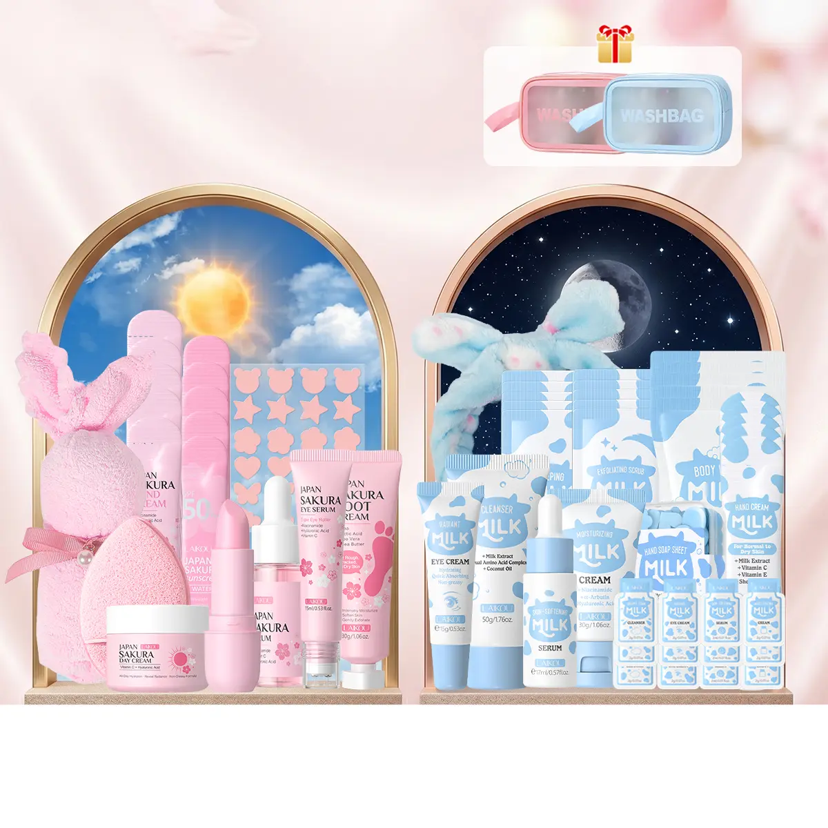 LAIKOU Day & Night Skincare Set, Sakura Milk Skincare Set - Skincare For Girls 10-12 - Skin Care For Kids With Milk Cleanser,Serum,Cream,Headband,Washbag, Kids Face Wash Set Girls Skin Care For Kids Age 8-12 Gentle All Skin Types