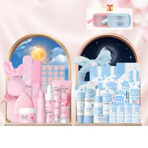 LAIKOU Day & Night Skincare Set, Sakura Milk Skincare Set - Skincare For Girls 10-12 - Skin Care For Kids With Milk Cleanser,Serum,Cream,Headband,Washbag, Kids Face Wash Set Girls Skin Care For Kids Age 8-12 Gentle All Skin Types