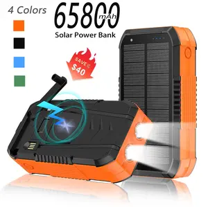 Amas 65800 mAh solar power bank, 15-watt fast charging type power bank, supports multiple interfaces such as USB/Type-C for mobile devices, equipped with a double-head flashlight and compass, and has built-in portable wireless