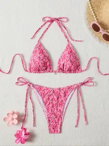 Two-Piece Set Women's All Over Print Bikini Set, Casual Fashion Chic Triangle Swim Bra & Swim Panty Swimsuit Set, Ladies Swimwear for Beach Holiday Vacation, Floral Print Bikinis, Flower Print Bikini