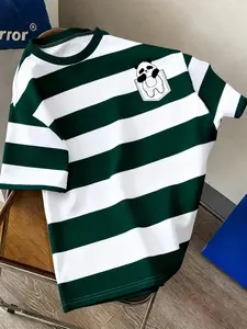 Men's Green And White Striped Short Sleeve T-Shirt, Cute Panda Pocket Print Casual Top, Suitable For Summer Daily And Streetwear Outfits