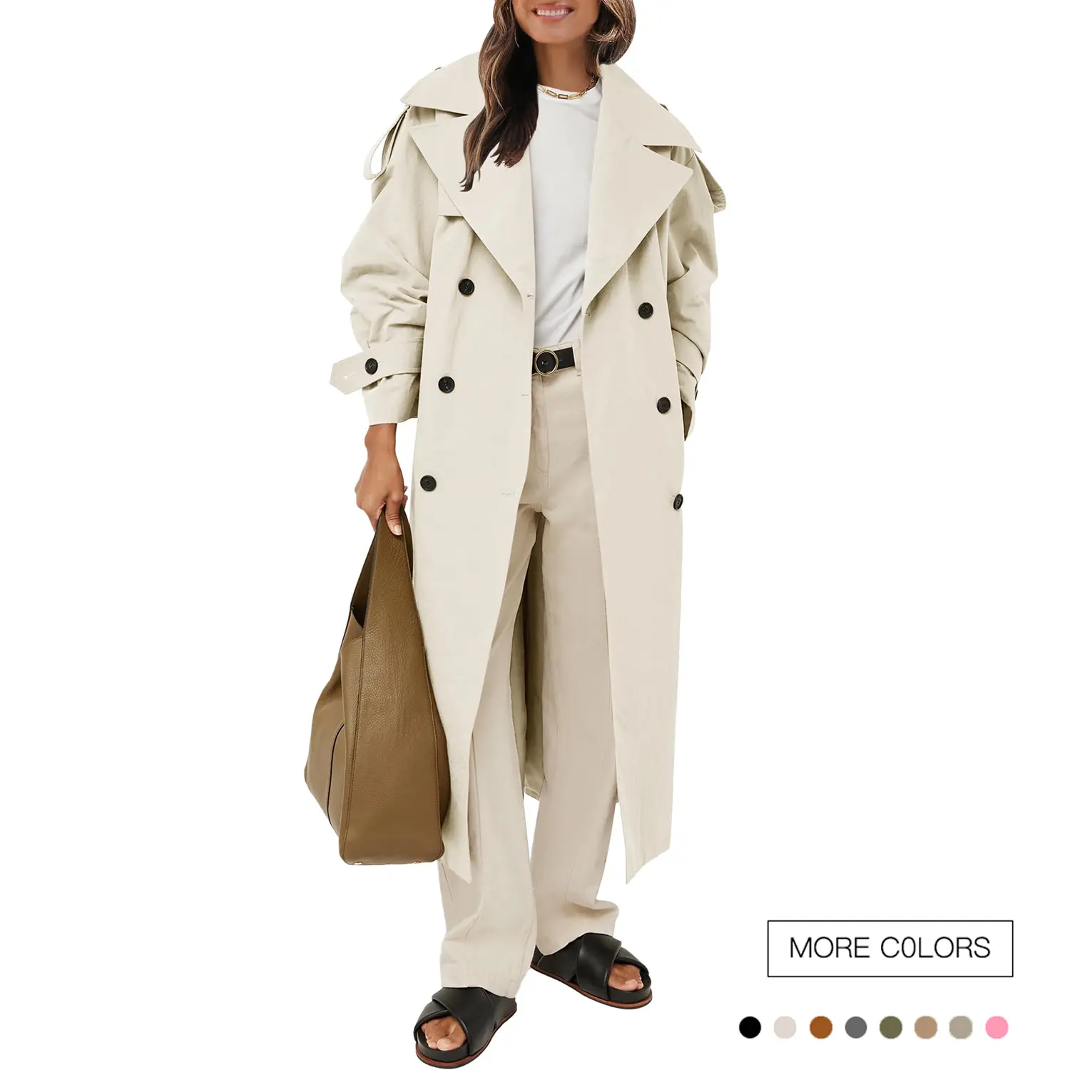 Women's Elegant Oversized Trench Coat, Double-Breasted Jacket with Adjustable Belt, Casual Long Fit in Windproof Polyester Fabric, Long Length, Tops, Style
