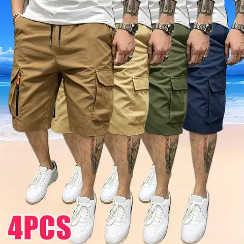 Men's 4-Pack Oversize Baggy Cargo Jorts - Trendy Casual Outdoor Cropped Shorts with High-Capacity Multi-Pockets, Faux Zipper Pocket Detail, Wear-Resistant, Tear-Resistant, Pilling-Free, Breathable Comfort for Errands, Weekends