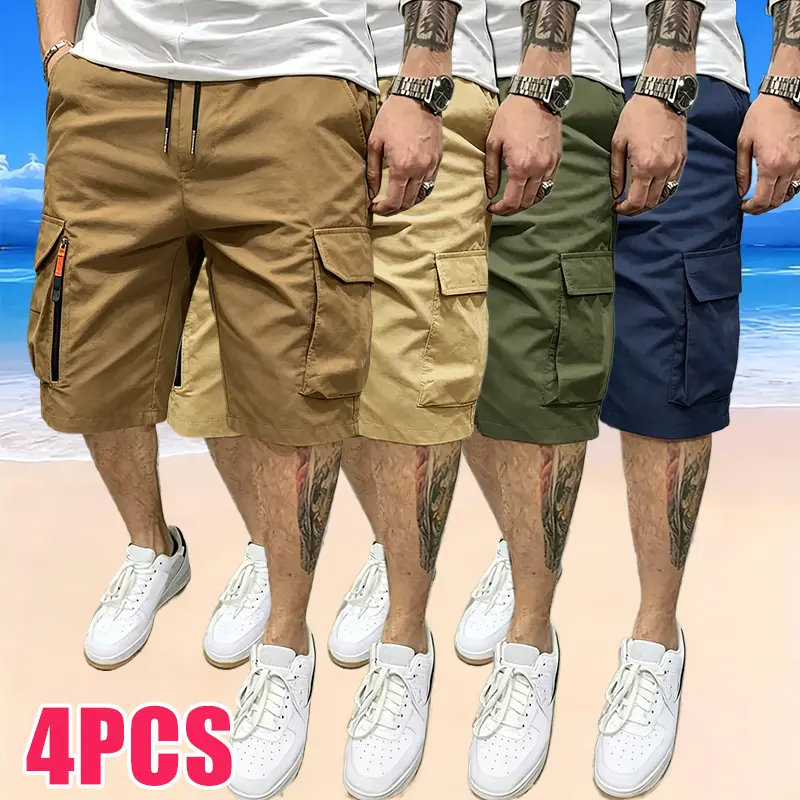 Men's 4-Pack Oversize Baggy Cargo Jorts - Trendy Casual Outdoor Cropped Shorts with High-Capacity Multi-Pockets, Faux Zipper Pocket Detail, Wear-Resistant, Tear-Resistant, Pilling-Free, Breathable Comfort for Errands, Weekends