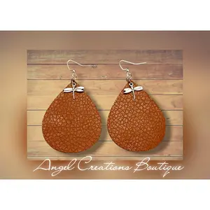 Angel Creations Boutique Tear Drop Earrings with Charm Faux Leather Dragonfly Design by Angel Creations Collection
