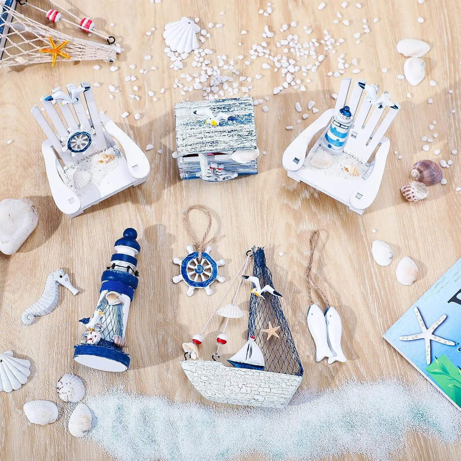 7PCS Handmade Mini Wooden Beach Chair Figurines - Blue and White Nautical Ocean Decorative Ornaments with Lighthouse, Seashell Accents, Lightweight Gift Box, Housewarming Gift for Indoor-Outdoor Home & Garden Decor