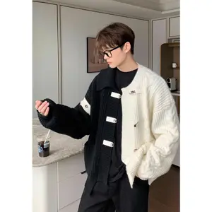 Autumn Winter Men's Clothing Niche Design Irregular Color-Block Cardigan Coat Lazy Style Loose Knit Sweater Round Neck