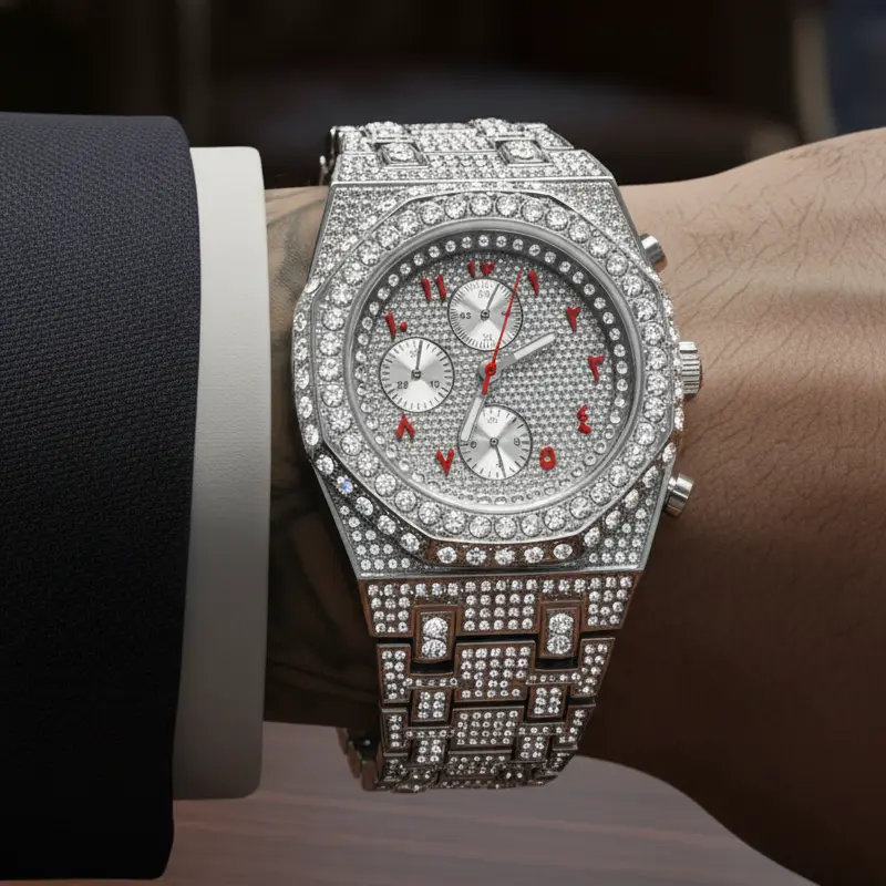 Men's Silver-Toned Stainless Steel Quartz Wristwatch - All-Metal, Diamond-Embellished, Luxury, Shiny, Silver-Plated, Quartz Movement, Elegant Round Dial, Analog Display, Casual Waterproof Design, Full Simulated Diamond Stone Band, Ideal for Clubbing, All-